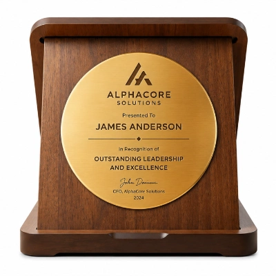 Premium Wooden Crest Award with Golden Metal Plate